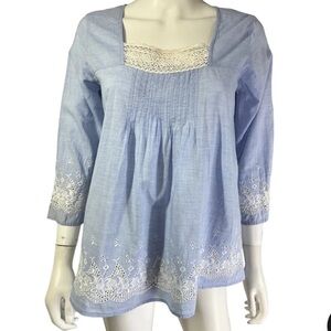 Roberta Roller Rabbit Peasant Blouse Tunic Top Blue White Embroidered Sz M